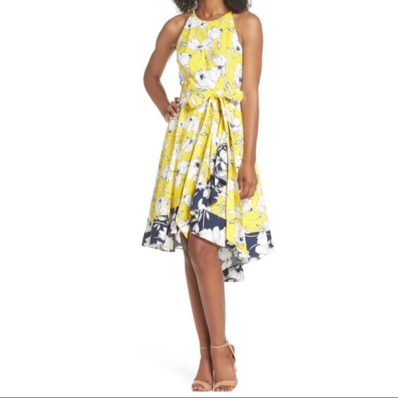 Petite Eliza J Floral Tie Waist Dress, Size 8P - Yellow - Picture 7 of 8